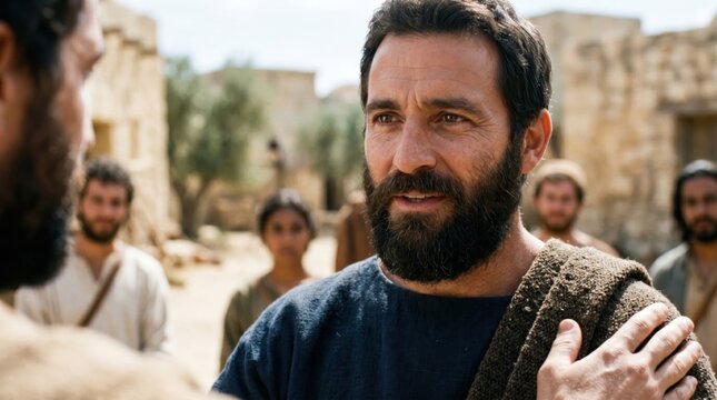 Apostle Paul and Barnabas preaching gospel in ancient city. Biblical scene of missionary men teaching disciples and building church in historical landscape during antiquity period.