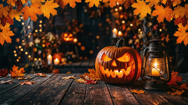 A glowing jack-o-lantern and a vintage lantern rest on a rustic wooden table under autumn maple leaves
