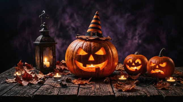 Three carved jack-o-lantern pumpkins arranged with a rustic lantern and tea candles on a wooden table