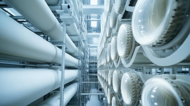 Industrial pipes running parallel with complex filtering systems, illustrating clean technology and advanced manufacturing within a sophisticated, automated facility