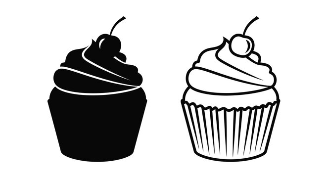 Two cupcakes with cherry toppings black and white silhouette