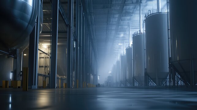 Large industrial facility interior featuring rows of steel storage silos and fermentation tanks, highlighting process, production, and manufacturing in a controlled environment