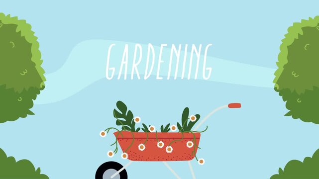 Animated gardening scene with wheelbarrow full of plants and flowers motion background.