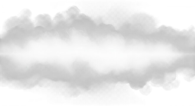 A horizontal band of thick white smoke or steam isolated on a transparent background with soft edges and a diffuse glowing center