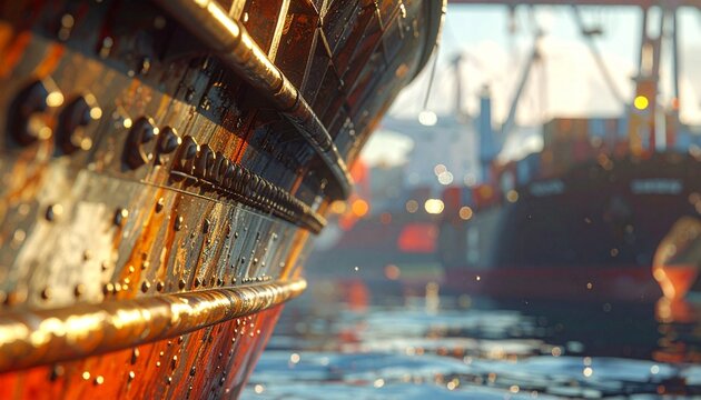  Close-up Perspective of Rusty Cargo Ship Hull and Prow at Industrial Shipping Port