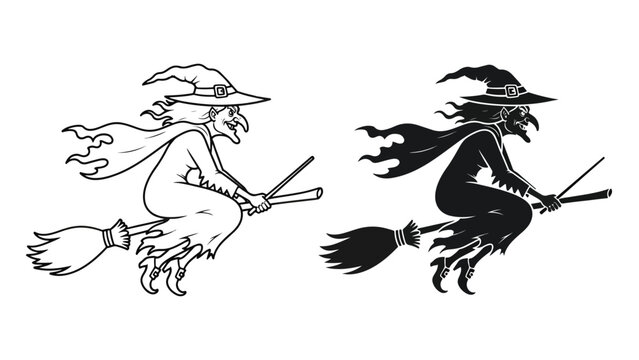Vector witches flying on broomsticks illustration - Blue icon set - Modern style icon  - Glyph and solid icon set - Icon vector