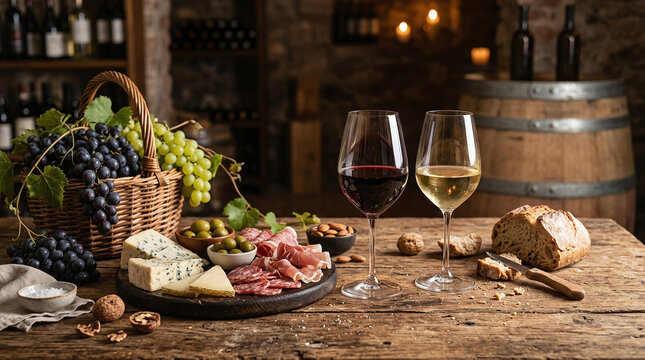 An appetizing arrangement of wine and artisan food on a rustic wooden table in a dimly lit cellar