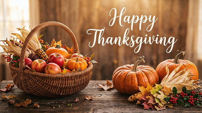 A festive basket brimming with autumn harvest fruits and pumpkins sits on a rustic wooden table