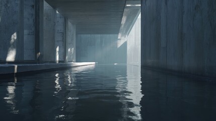 Fototapeta premium Minimalist concrete corridor forming a tranquil canal with calm reflective water and soft light beams, moody brutalist geometry evoking serene, futuristic urban atmosphere