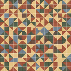 Fototapeta premium A seamless geometric pattern featuring a colorful mosaic of blue and pink triangle and square shapes creates a retro vector illustration for a modern wallpaper backdrop and tile decor element