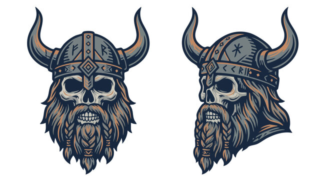 Viking warrior skulls with horned helmets in vector illustration