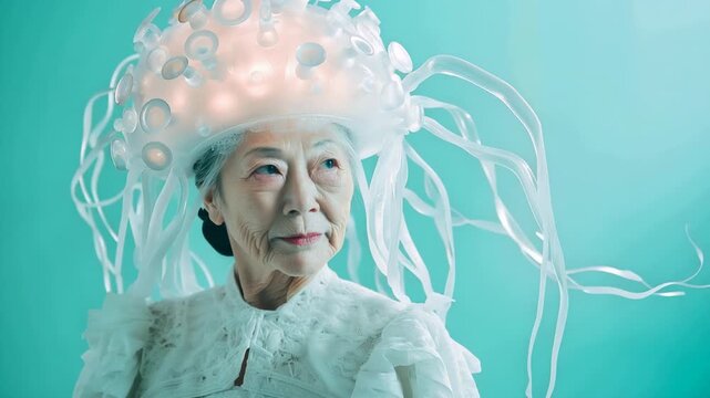 Portrait of an elderly asian woman with an ethereal presence, wearing a creative, illuminated hat resembling a glowing jellyfish with flowing tentacles against a serene teal studio background