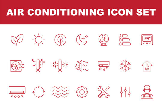 Air conditioner line icons set. Editable stroke line icon set for featuring AC unit, fan, temperature, snowflake, air conditioning systems, ventilation, and home climate control technology. 