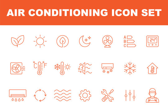Air conditioner line icons set. Editable stroke line icon set for featuring AC unit, fan, temperature, snowflake, air conditioning systems, ventilation, and home climate control technology. 
