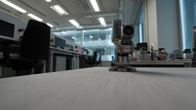 Robotics instrument on a modern office desk, chrome precision device representing automation, ai research and hi tech engineering driving innovation in the workplace