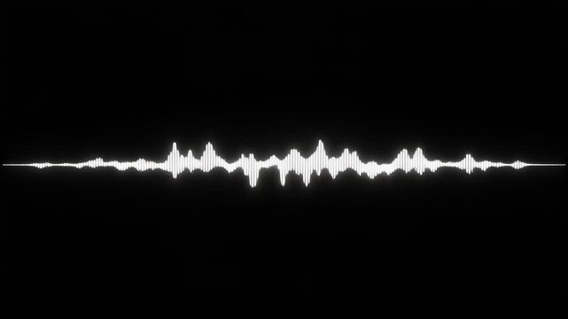 Monochrome voice record, artificial intelligence, waveform equalizer and visualization of audio wave. Animation. White pulsating signal on black background.