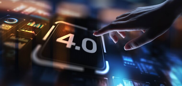 Industry 4.0 Revolutionizing Manufacturing Through Digital Transformation, projection on a virtual screen, Business and Technology Concept.