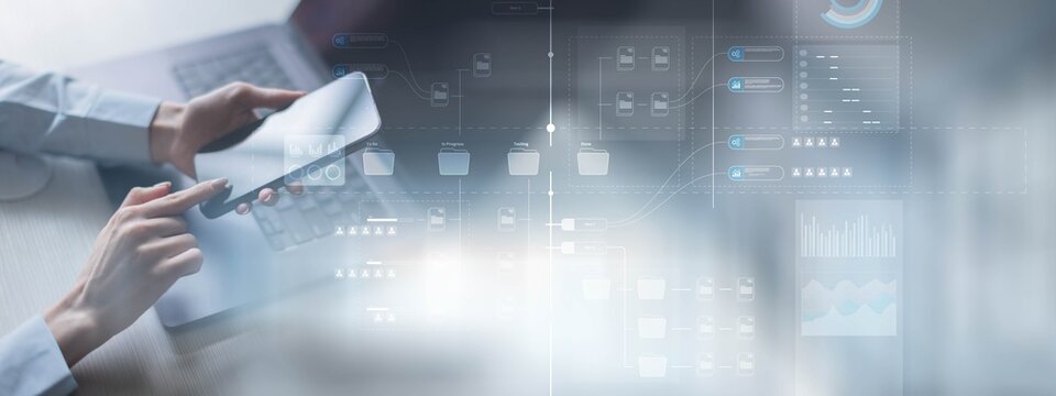 Project Management and Workflow Optimization on a Wide Banner, Business and Technology Concept.