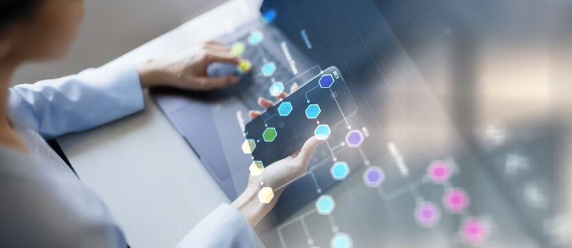 Software Development Workflow and Version Control Branching Strategy Visualization.