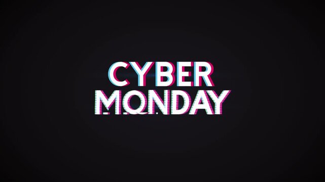 Cyber monday text animation with glitch effect on black background for seasonal retail sales and digital marketing promotion.