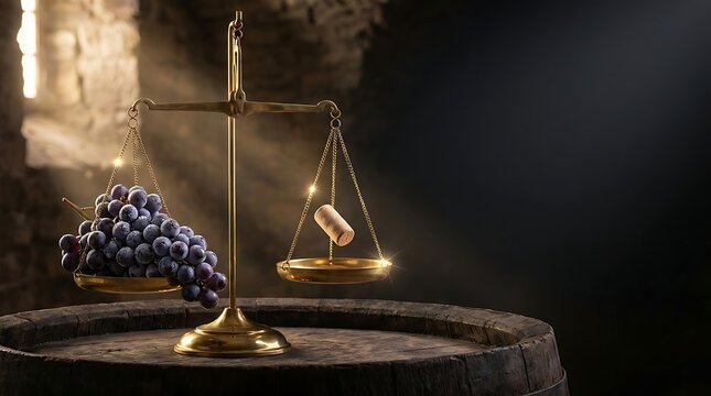 Scales balance wine grapes against cork sitting on rustic wooden barrel inside stone cellar room
