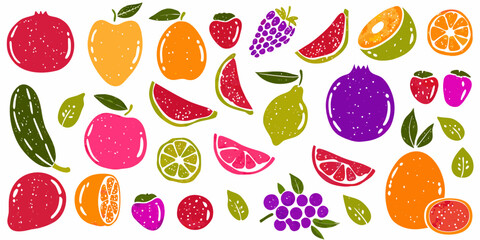 Obraz premium Colorful fruit illustrations with leaves on a white background