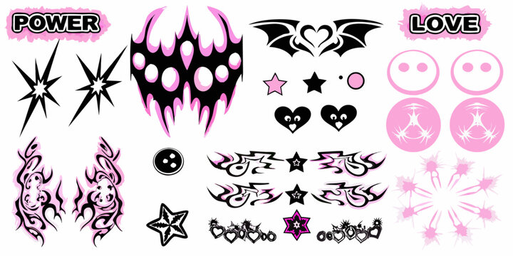 Y2K tattoo flash set with vibrant pink and black designs