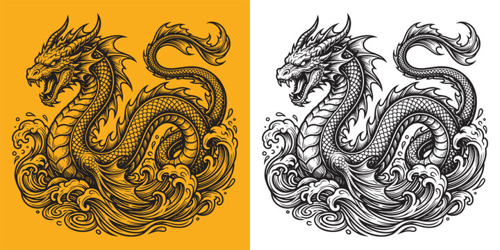 Sea Dragon Emerging from Ocean Waves in Traditional Japanese Tattoo Style