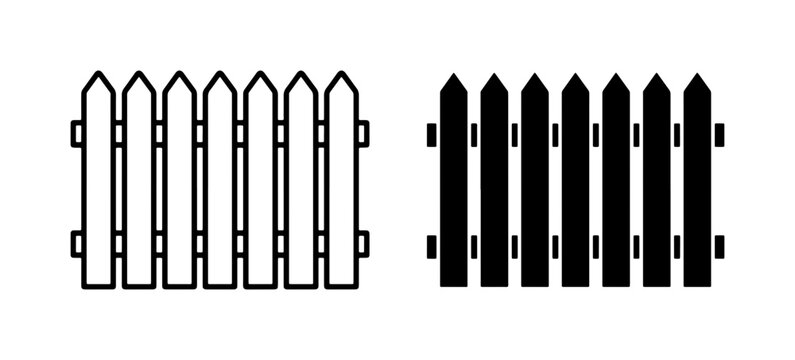Picket Fence Icons, White Outline and Black Silhouette, Garden Boundary and Property Line Symbols