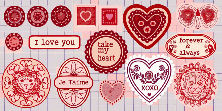 Romantic papercut stickers collection with hearts lions and floral motifs