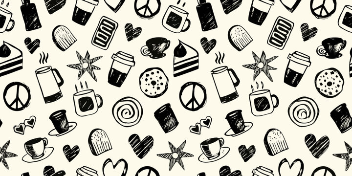 sketchy coffee culture pattern with cups bread and peace signs