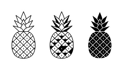 Obraz premium Pineapple Icon Set, Tropical Fruit Vector Graphics, Simple Food Illustrations, Black and White Summer Design Elements