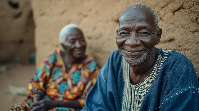 Elderly African couple sits outdoors. Senior man looks into camera. Older woman rests behind him. Rural village wall background. Calm retirement moment.