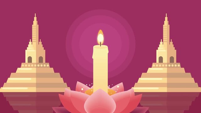 Vesak day celebration animation with burning candle in lotus flower and golden buddhist temples on purple background.