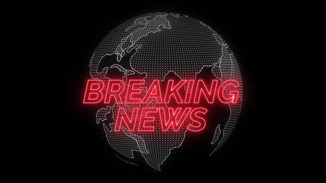 3D earth world globe texture dotted neon with breaking news neon text animation, intro for TV broadcast news show program, overlay template, on transparent background