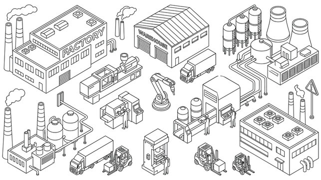 Industrial factory and warehouse complex buildings isometric outline.