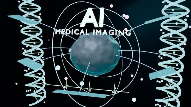 Dynamic animation showcasing AI-driven medical imaging, featuring rotating DNA strands, digital heartbeats, and a glowing cell against a dark background, perfect for healthcare tech themes.