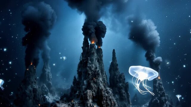 Fantastical underwater scene showing hydrothermal vents, known as black smokers, releasing plumes of dark smoke into the deep blue ocean as bioluminescent jellyfish and plankton float by