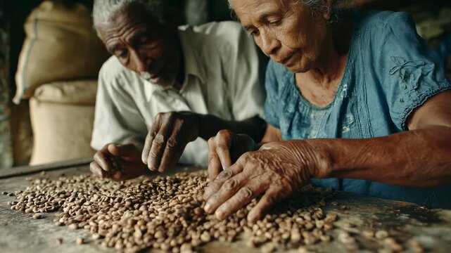 Senior Latin couple sorting coffee beans. Experienced hands carefully inspect quality. Traditional coffee farm work. Aging with dignity, sustainable agriculture. Coffee harvest season.