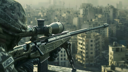 Naklejka premium Sniper rifle with scope on a rooftop overlooking a cityscape.