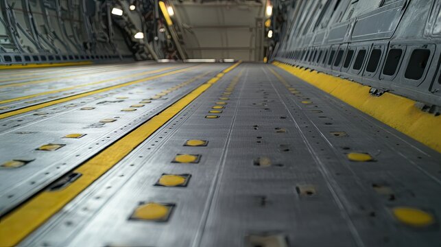 Cargo plane interior featuring the loading floor with tie down points and yellow safety strips, highlighting heavy duty transport and logistics capabilities