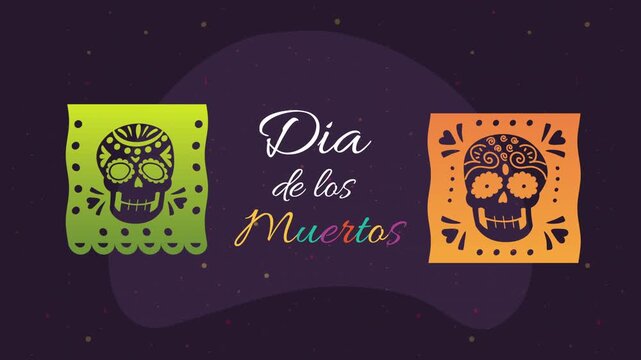 Dia de los muertos celebration animation with traditional sugar skull paper decorations and colorful typography on dark background.