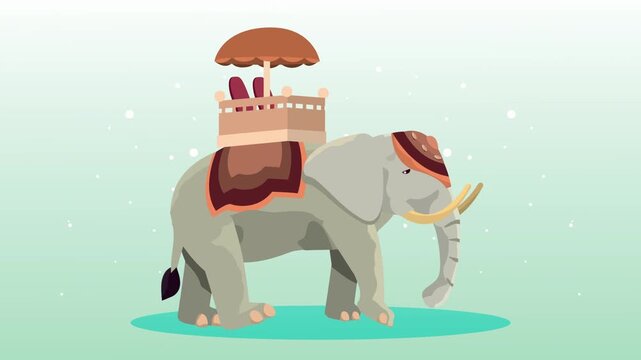 Decorated elephant with carriage on back walking gracefully through a light blue background with falling white particles.