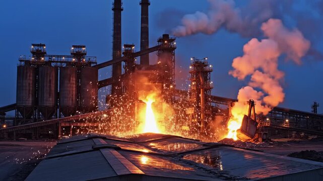 Smelting plant at dusk, molten metal pouring with bright orange sparks flying, industrial chimneys emitting smoke, heavy industry and manufacturing, production process, metallurgy, steelworks
