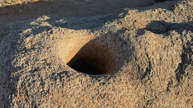 Indigenous mortar holes carved in rock at Lost Palms Oasis Trail California desert