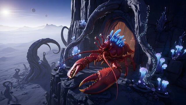 Giant Bioluminescent Crustacean Emerging from an Alien Cave on a Mysterious Desert Exoplanet Landscape