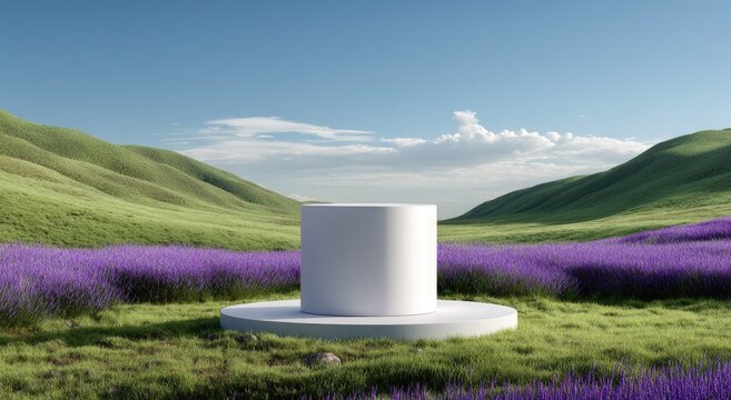 White cylinder on pedestal amidst rolling hills and lavender fields