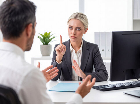 Serious blonde businesswoman sternly warns male colleague, gesturing with finger to emphasize a point.