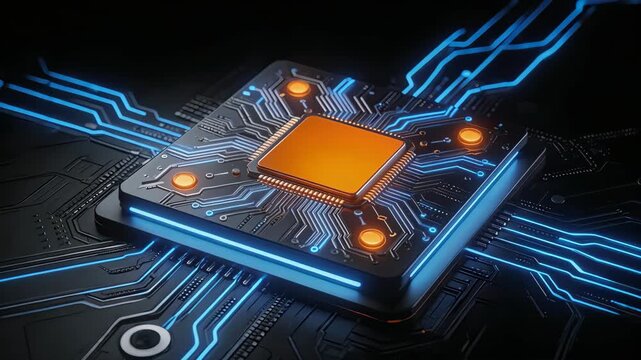 Microchip on circuit board with glowing lines