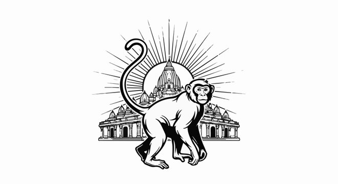 Stylized black and white graphic of a primate before temple structures with sunburst